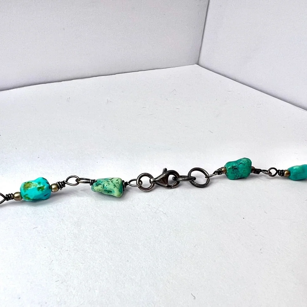 Vintage Turquoise Sterling Silver Fringe Necklace Boho Southwestern Choker Bib